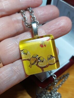 Glass Chickadee Pendant On 24" Long Silvertone Chain Bird Yellow